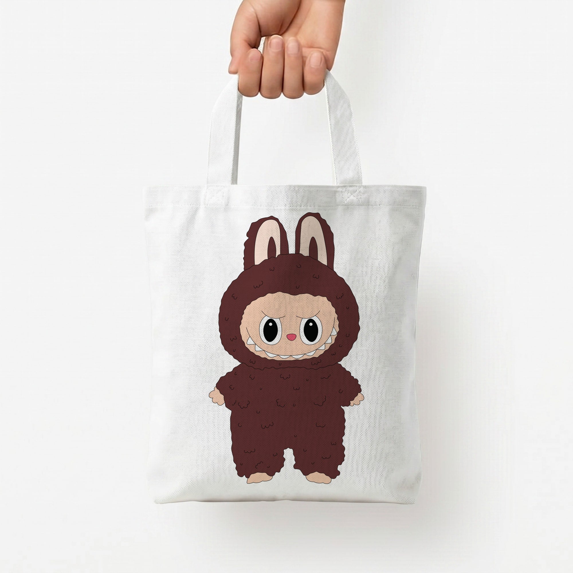 Cute Brown Monster Tote Bag — White / Small