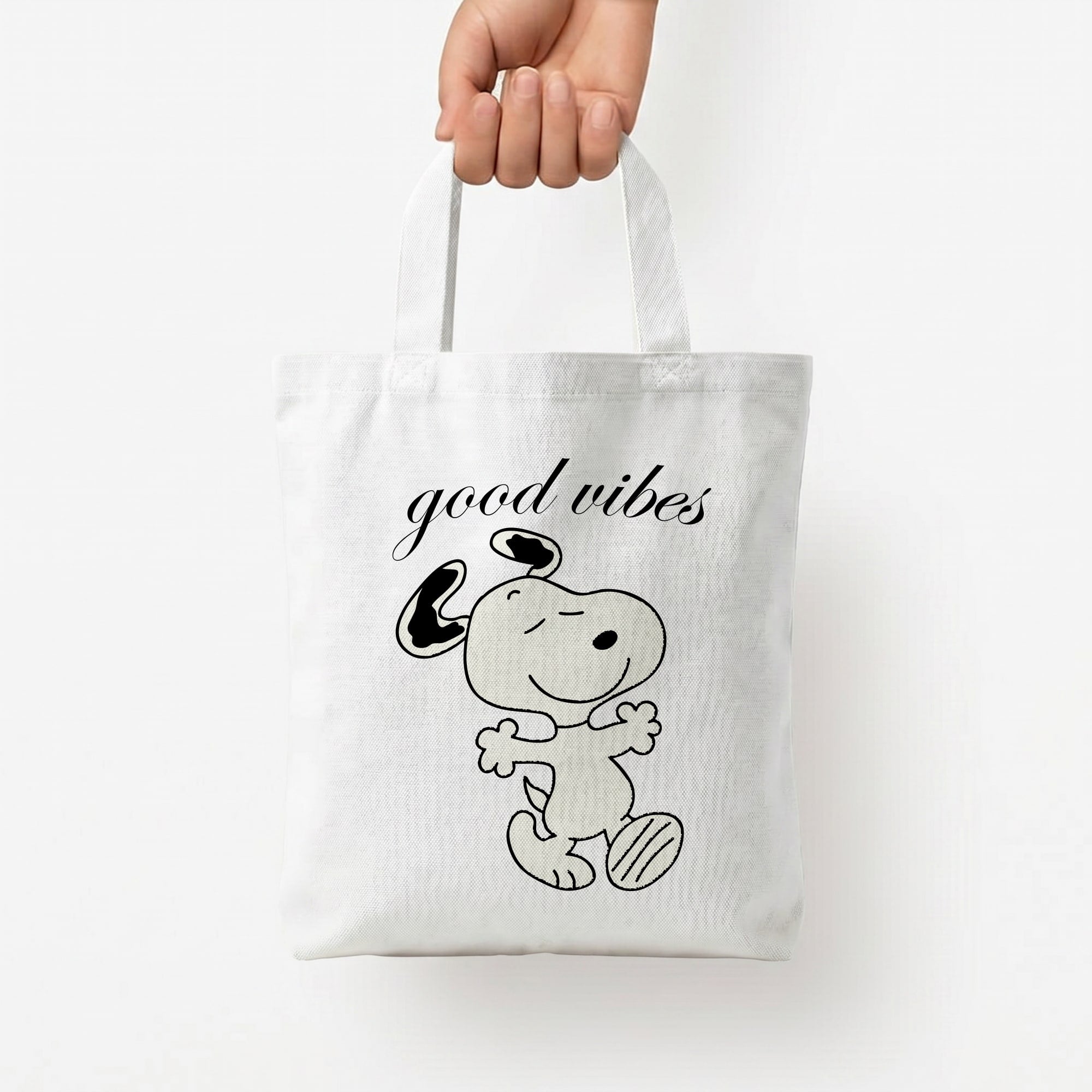 Good Vibes Cartoon Beagle Tote Bag — White / Small