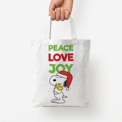 Peace, Love, Joy Christmas Cartoon Beagle Tote Bag — White / Small