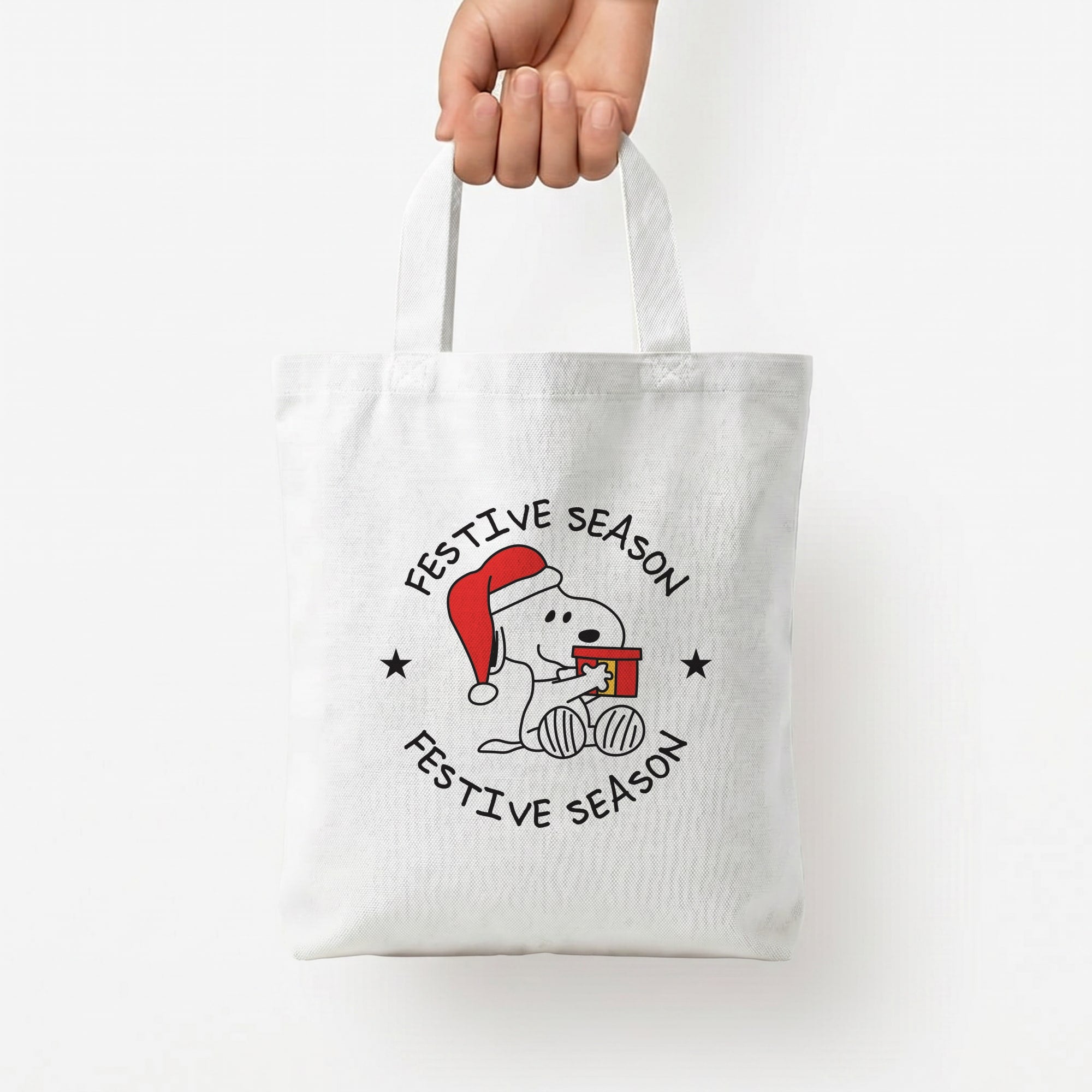 Cartoon Beagle Festive Season Tote Bag — White / Small