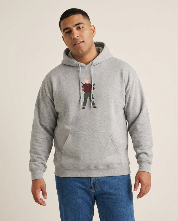 Kevin And Hairdryers Hoodie — Grey Front, worn