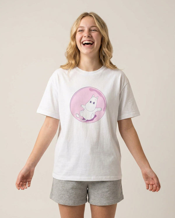 Moomin In A Pink Bubble  T-Shirt — White Front, worn