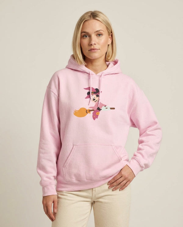 Witch Female Mouse Halloween Hoodie — Pink Front, worn