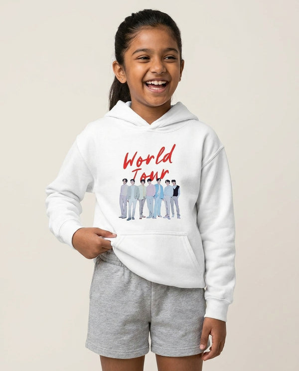 K-Pop Band Pastel Tour Kids Hoodie — White Front, worn