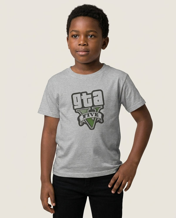 Green Five - Video Game Kids T-Shirt — Grey Front, worn