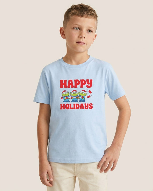 Happy Holidays Cute Green Aliens Kids T-Shirt — Blue Front, worn