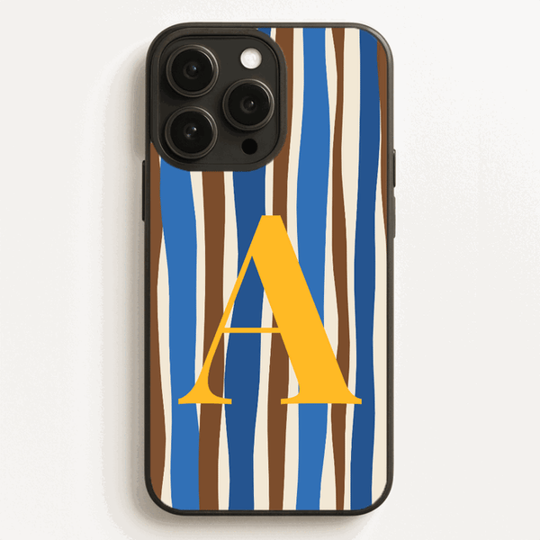 Personalised stripe phone case with your initial, shown in fifteen hand-drawn stripe designs and eight letter colours