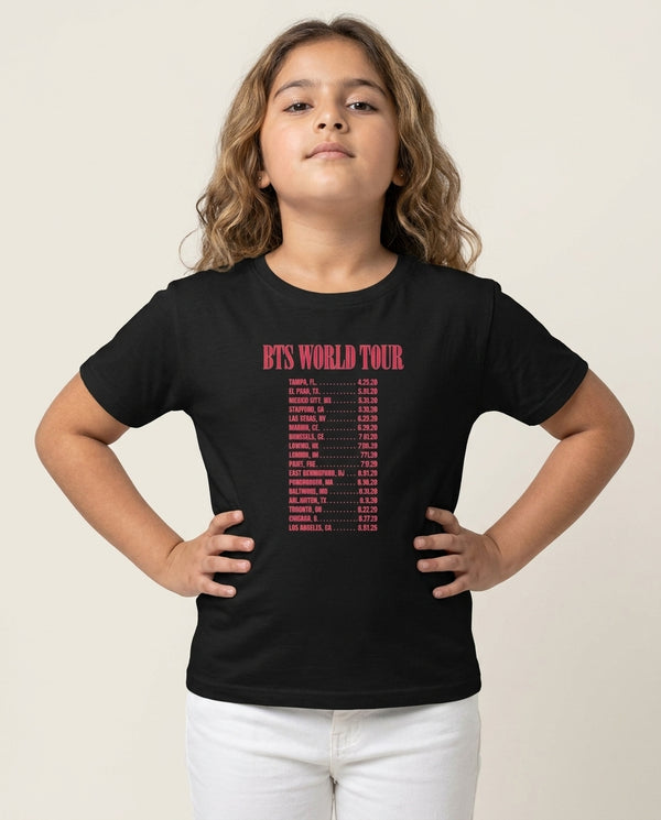 K-Pop Band World Tour List 2026 Kids T-Shirt — Black Front, worn