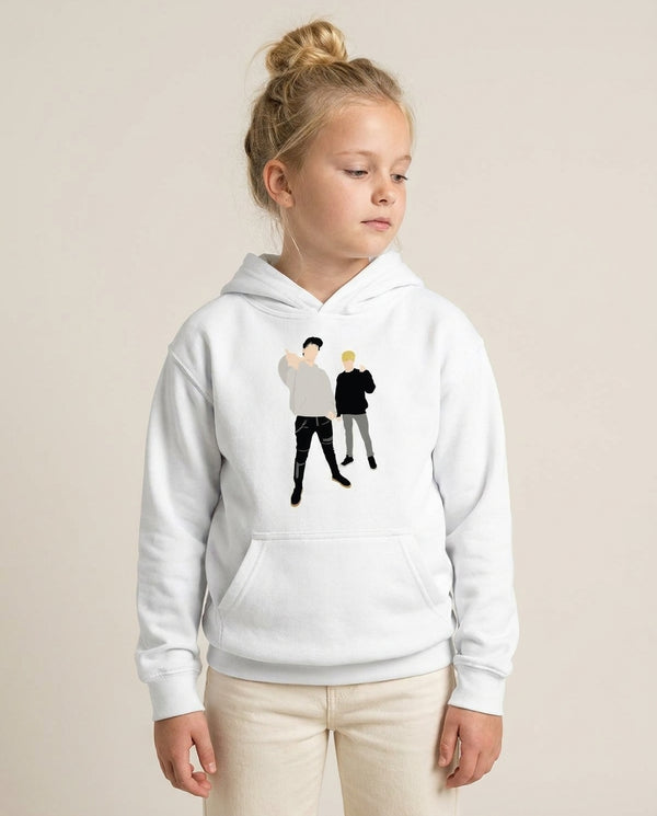 Standing - S & C Kids Hoodie — White Front, worn