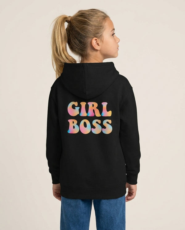 Girl Boss - Aesthetic Quote Kids Hoodie — Black Back, worn