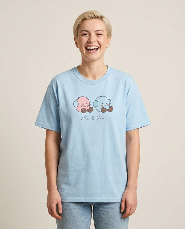 Cute Christmas Marshmellow Plushies T-Shirt — Blue Front, worn