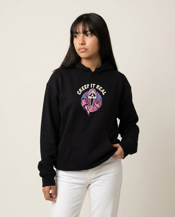 Creep It Real Hoodie — Black Front, worn
