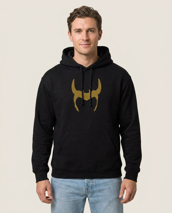 The Horned Helmet Hoodie — Black Front, worn