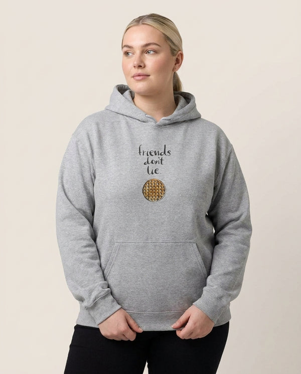 Friends Don't Lie Waffle Hoodie — Grey Front, worn