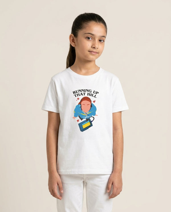 Running Up That Hill Kids T-Shirt — White Front, worn