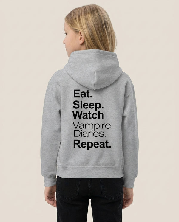 Eat Sleep Watch VPD Repeat Kids Hoodie — Grey Back, worn
