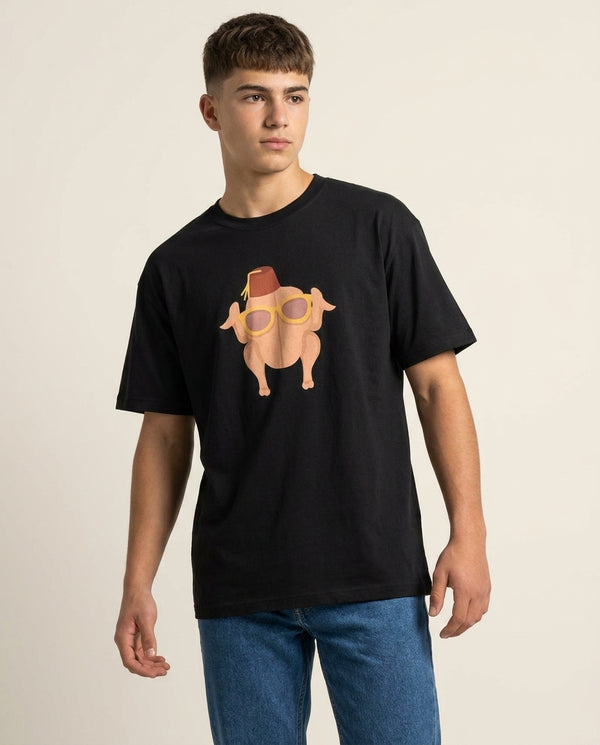 Thanksgiving Turkey T-Shirt — Black Front, worn