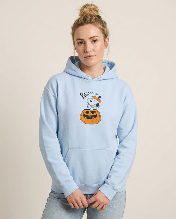 Cartoon Beagle Pumpkin Hoodie — Blue Front, worn