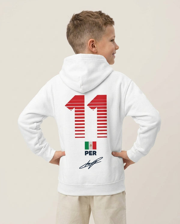 Perez - F1 Kids Hoodie — White Back, worn