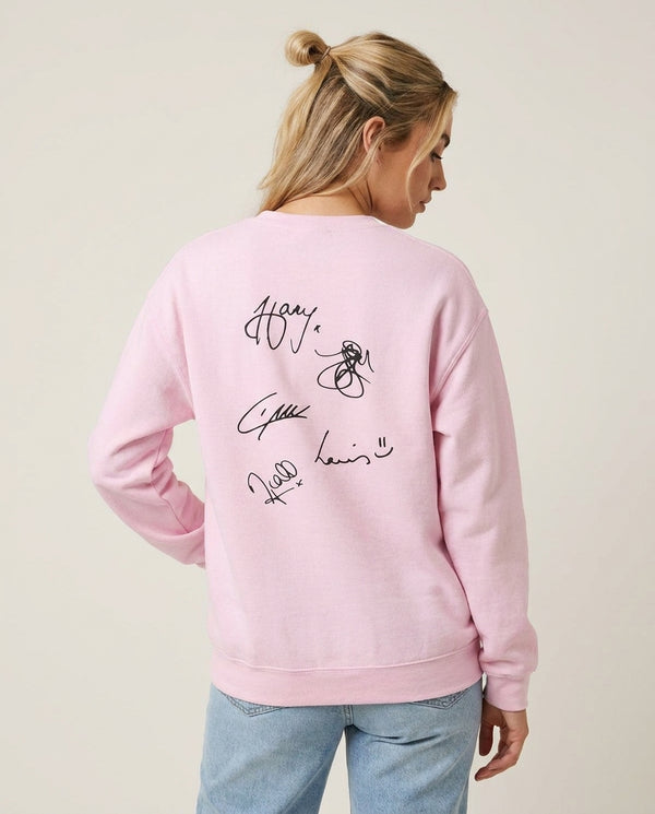 1D Signatures Sweatshirt — Pink Back, worn
