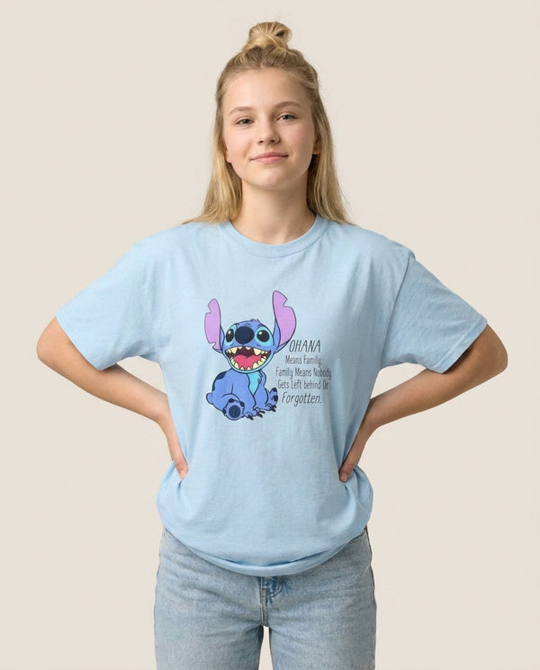 Ohana Means Family - Blue Alien T-Shirt — Blue Front, worn