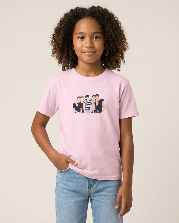 Take Band Members Kids T-Shirt — Pink Front, worn