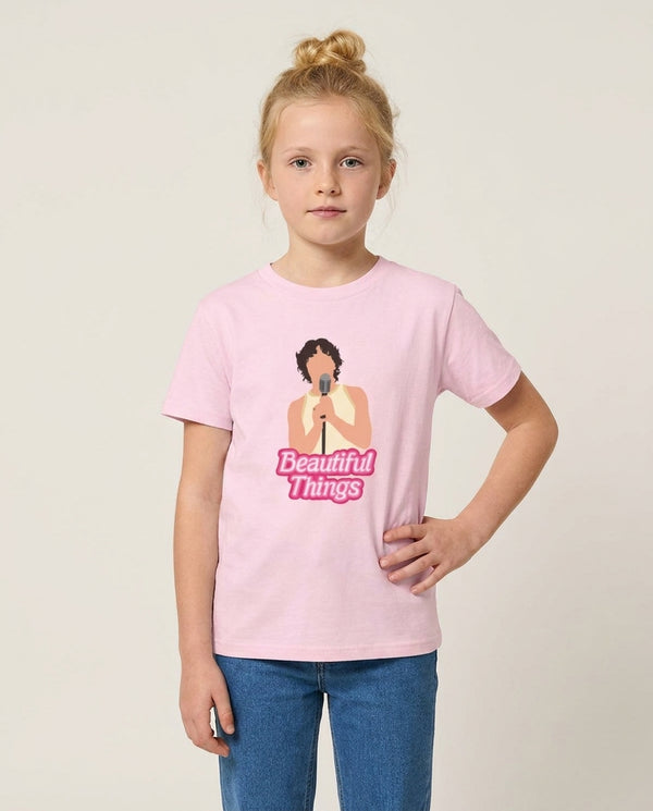 Neon Pink Beautiful Things Kids T-Shirt — Pink Front, worn