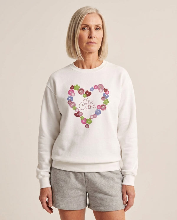 Button Heart Sweatshirt — White Front, worn