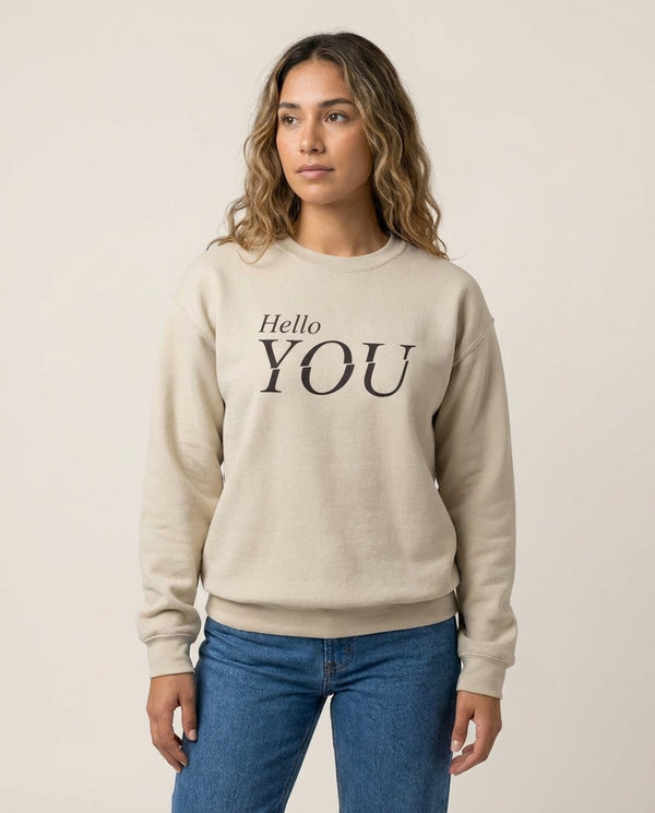 Hello You Sweatshirt — Sand Front, worn