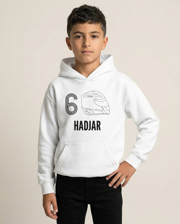 Hadjar Helmet 2026 Kids Hoodie — White Front, worn