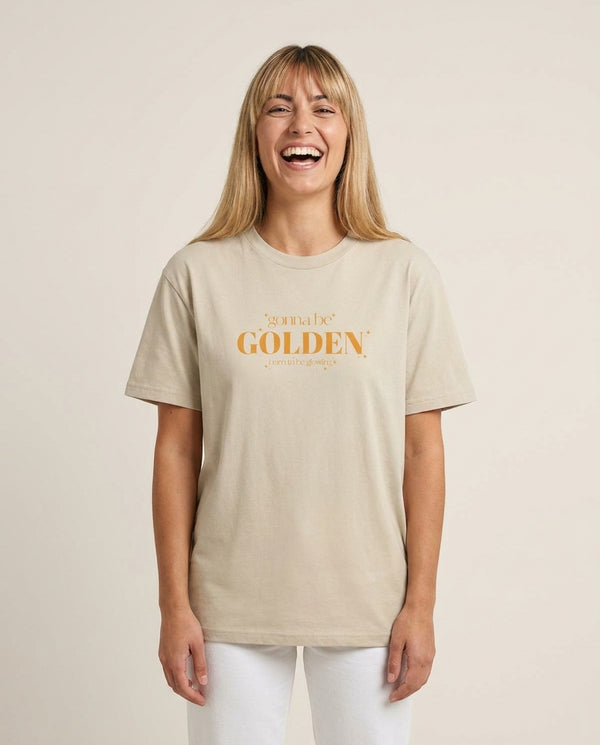 Gonna Be Golden T-Shirt — Sand Front, worn