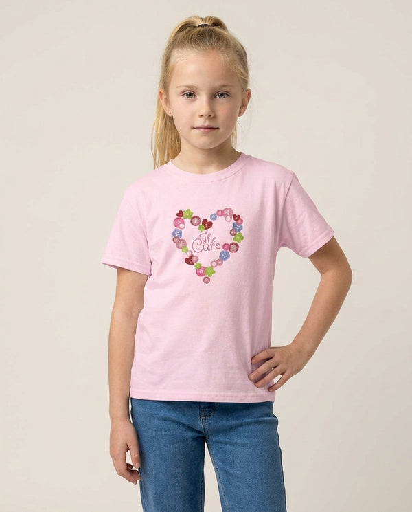 Button Heart Kids T-Shirt — Pink Front, worn