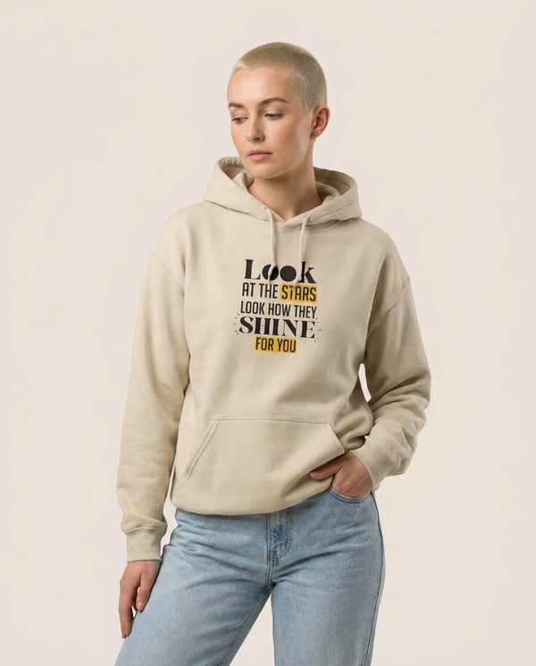 Look At The Stars Hoodie — Sand Front, worn