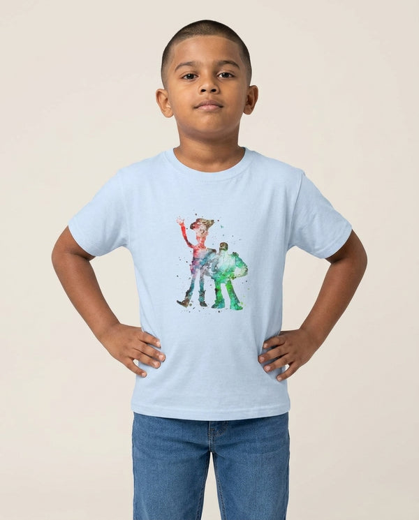 Watercolour Woody & Buzz A Story of Toys Fairytale Kids T-Shirt — Blue Front, worn