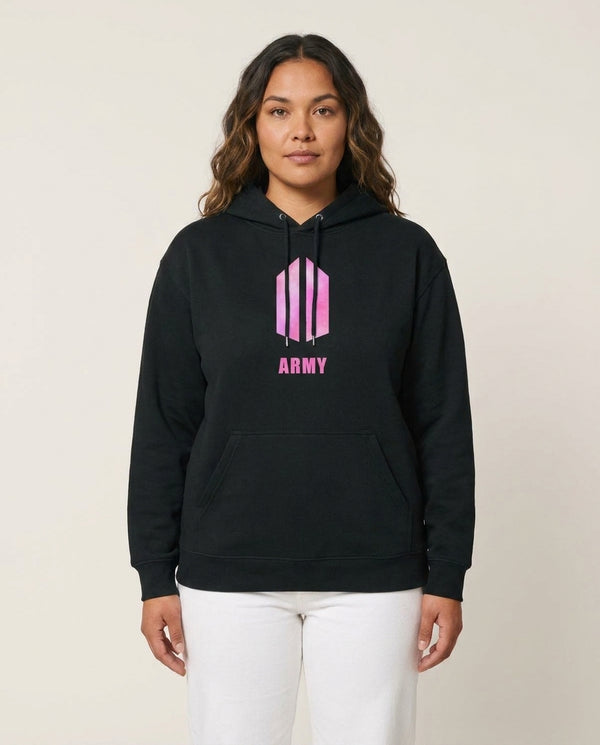 BTS Army Pink - K Pop Hoodie — Black Front, worn