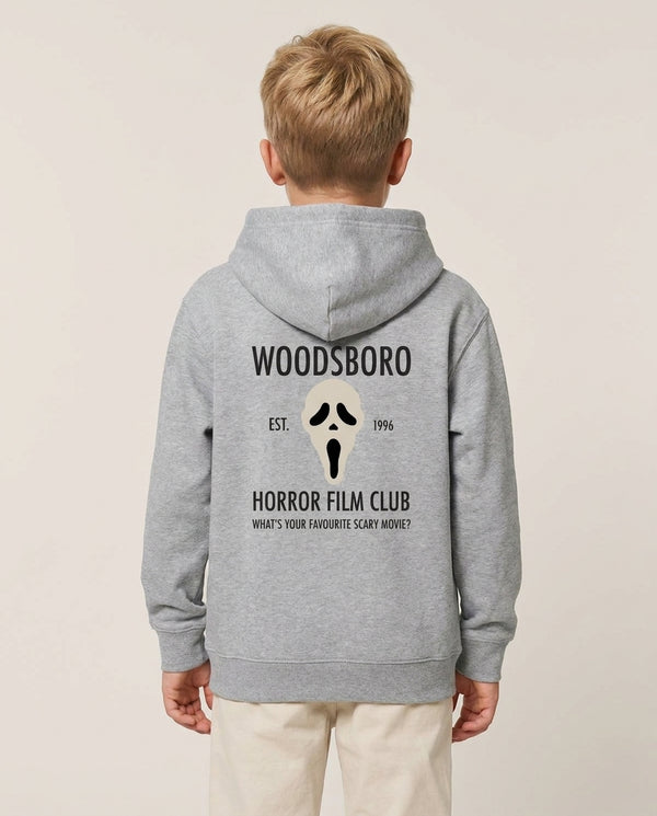 Woodsboro Horror Film Club - Scream Kids Hoodie — Grey Back, worn