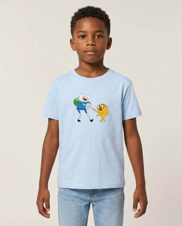 Jake The Dog And Finn The Human Kids T-Shirt — Blue Front, worn