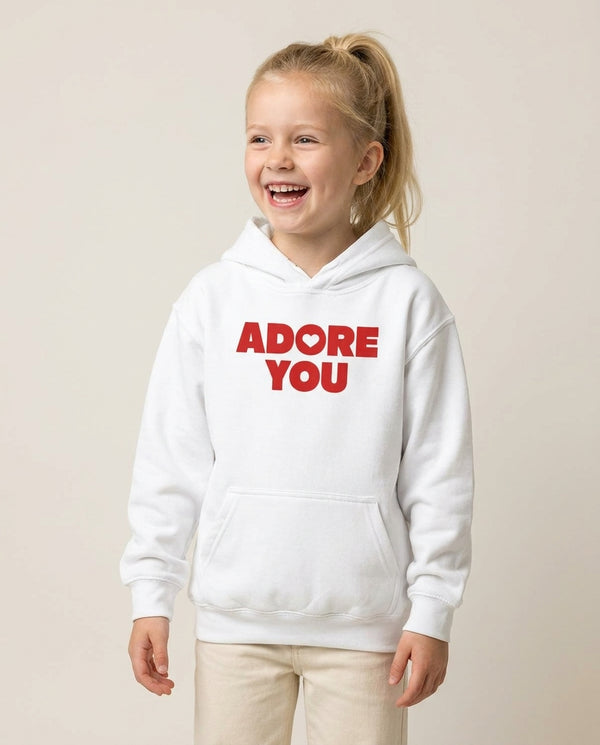 Adore You Kids Hoodie — White Front, worn