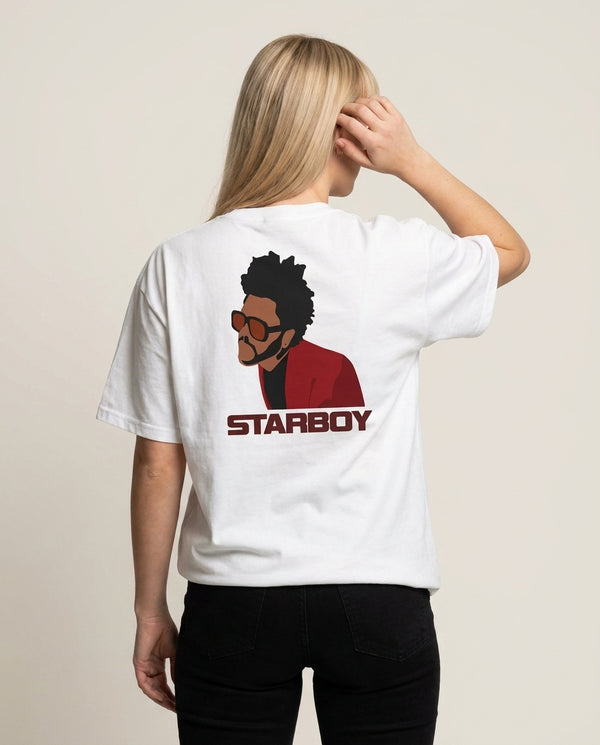 Starboy Singer Title T-Shirt — White Back, worn