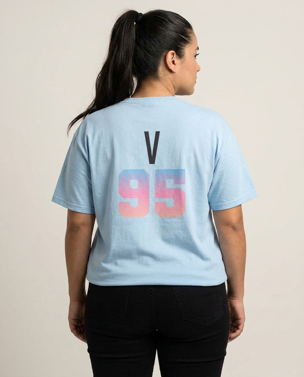 V 95 T-Shirt — Blue Back, worn