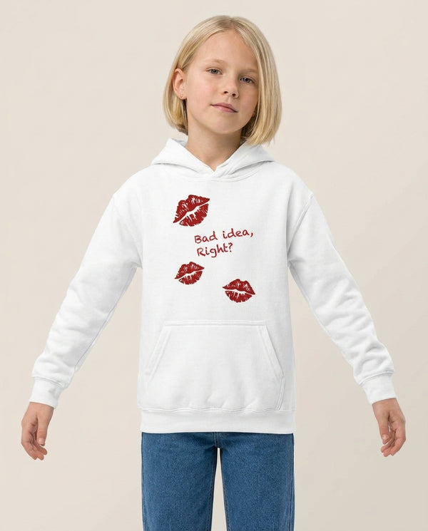 Bad Idea, Right? - Olivia Kids Hoodie — White Front, worn