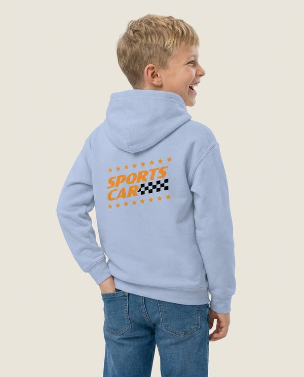 Sports Car Kids Hoodie — Blue Back, worn