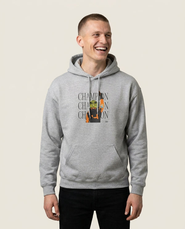 Lando Champion 2025 Hoodie — Grey Front, worn