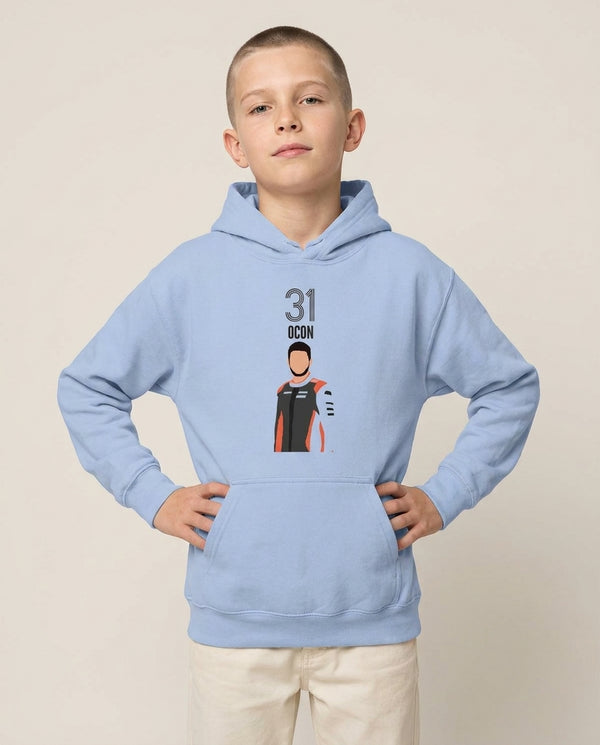 Ocon 2026 Kids Hoodie — Blue Front, worn