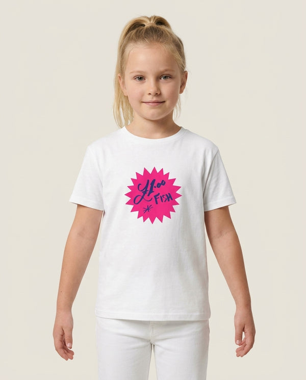 One Pound Fish - British Pop Culture Kids T-Shirt — White Front, worn