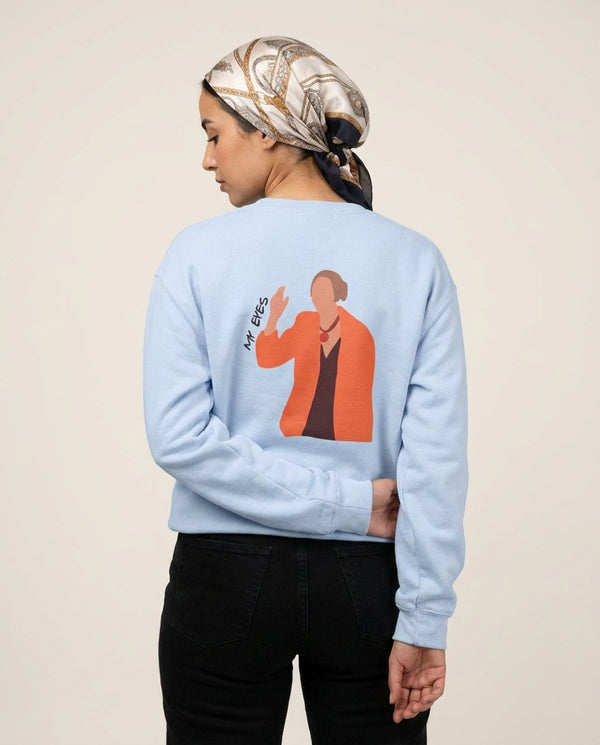 My Eyes Sweatshirt — Blue Back, worn