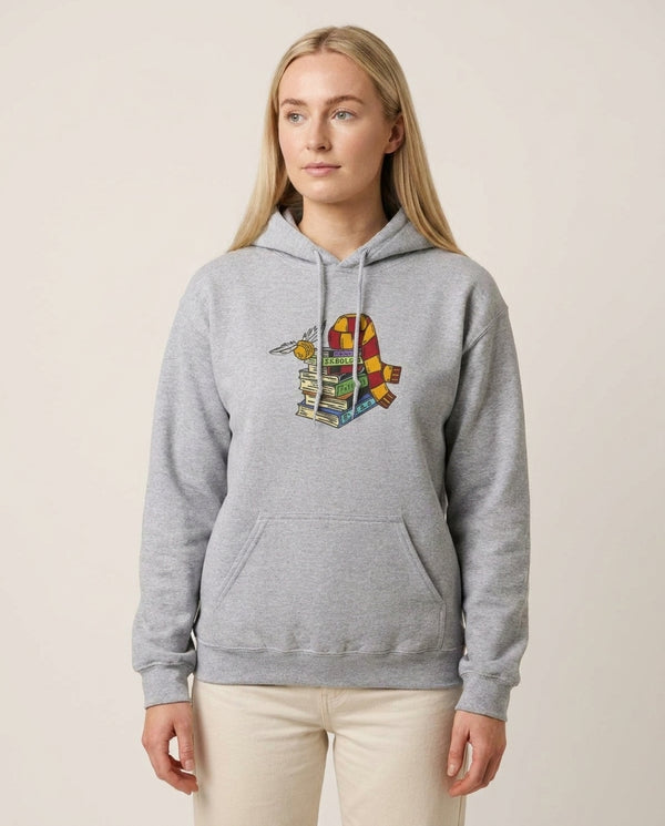 Book Stack Hoodie — Grey Front, worn
