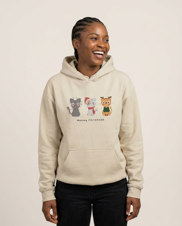 Meowy Christmas  Hoodie — Sand Front, worn