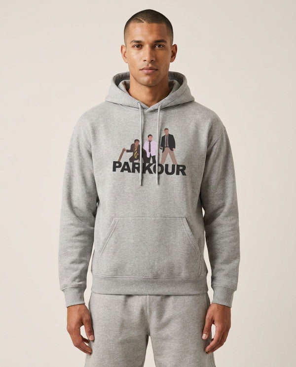Parkour Hoodie — Grey Front, worn