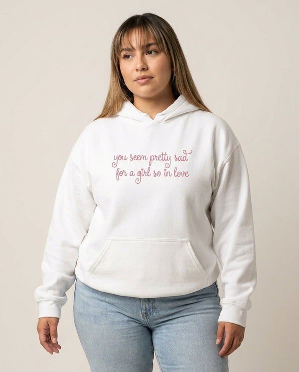 Pretty Sad Hoodie White Front, worn